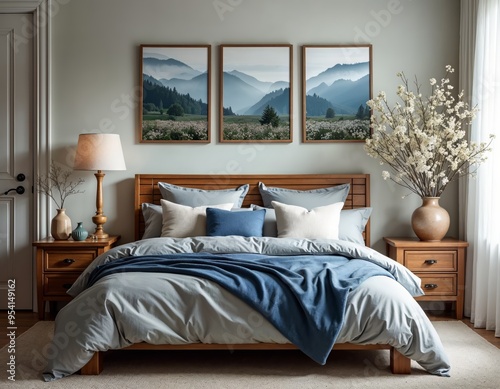 Elegant and Cozy Bedroom Interior Featuring Mountain Landscape Art for Home Decoration Inspiration