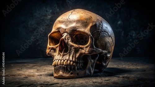 Macro shot of a real human skull, showcasing intricate bone structure and weathered surface, resting on a dark