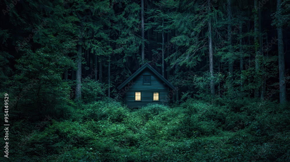 Mysterious Cabin in the Woods at Night Mysterious Cabin in the Woods at Night