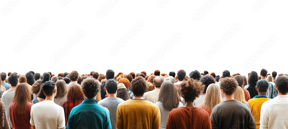 Obraz premium A large crowd of people standing closely together viewed from behind, with a diverse range of clothing and hairstyles visible against a transparent, isolated background
