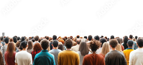 A large crowd of people standing closely together viewed from behind, with a diverse range of clothing and hairstyles visible against a transparent, isolated background photo