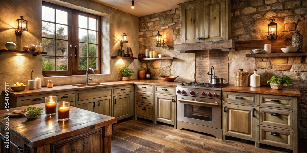romantic french country kitchen boasts distressed wood cabinets rustic stone backsplash soft-glow candlelight warm beige walls vintage copper accents romantic french country kitchen boasts distressed wood cabinets rustic stone backsplash soft-glow candlelight warm beige walls vintage copper accents