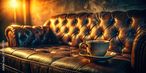 moody cinematic atmosphere coffee cup abandoned on old worn-out leather couch dimly lit intimate space warm golden light soft focus mysterious storytelling