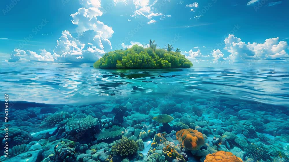 Tropical island with palm trees and coral reef atoll in the ocean Tropical island with palm trees and coral reef atoll in the ocean