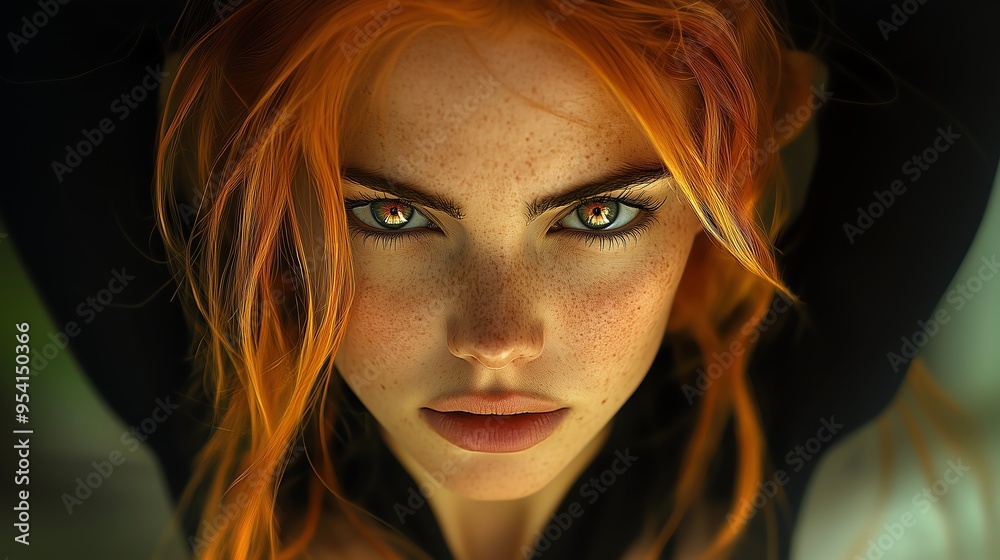 Portrait d'une jeune femme rousse aux yeux marron vert avec un regard intense Portrait d'une jeune femme rousse aux yeux marron vert avec un regard intense