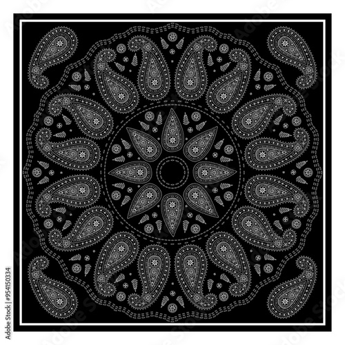 Monochrome black and white or bandana design with paisley mandala pattern and floral elements. Ethnic carpet design.