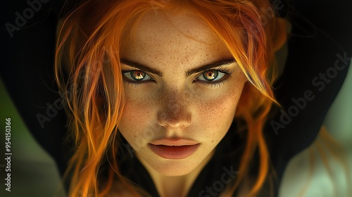 Portrait d'une jeune femme rousse aux yeux marron vert avec un regard intense 