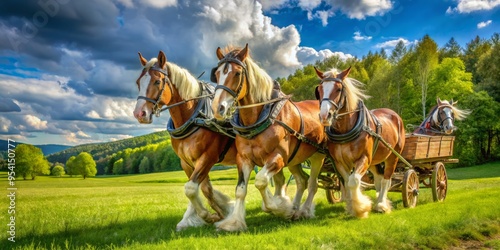 Majestic draft horses with feathered legs and gleaming harnesses pull a rustic wooden cart through a lush green