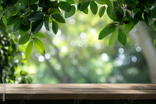 Wooden product display podium with blurred nature leaves background
