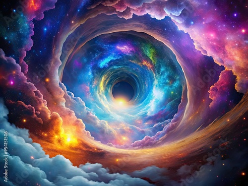 hyperspace wormhole logo tunnel vision blurs into a kaleidoscope of colors amidst swirling clouds of gas and dust on a deep space background photo