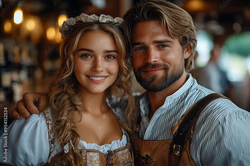 A girl and man in traditional Bavarian costumes holding beer glasses, celebrating Oktoberfest in a lively tavern bar setting.
A girl and man in traditional Bavarian costumes holding beer glasses, celebrating Oktoberfest in a lively tavern bar setting.