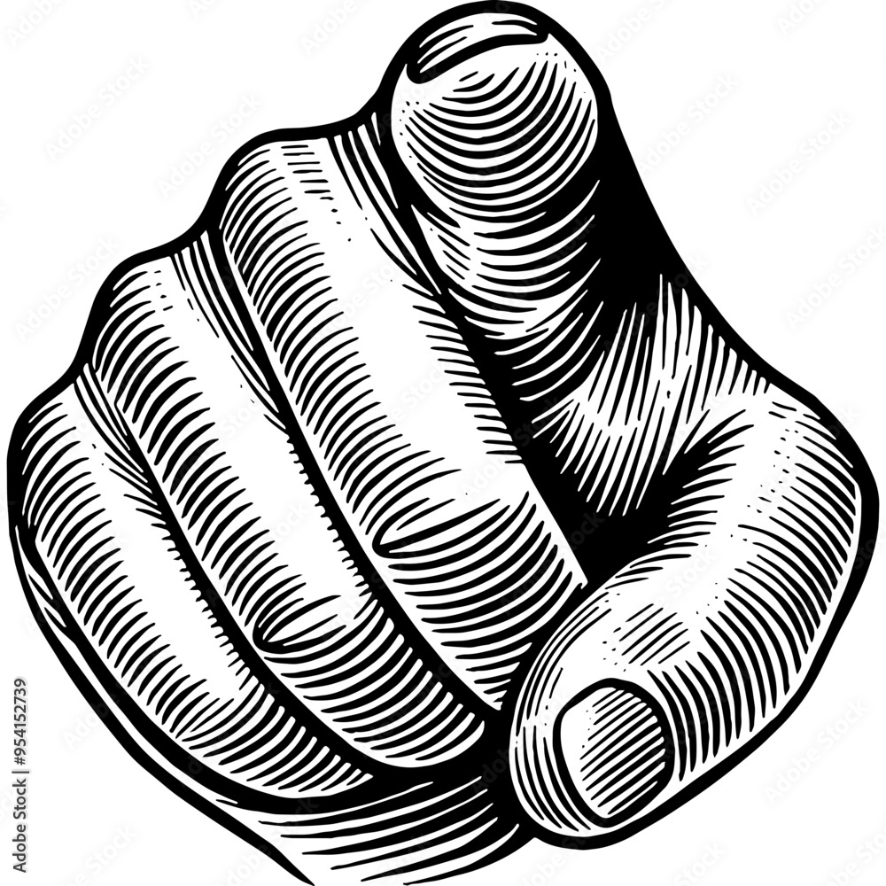 Hand drawn Hand Pointing at You. Hand Pointing Forward. Hand Pointing to the Camera. Hand Pointing at the Viewer. Wanted Sign Sketch Illustration Engraving Woodcut Line Art Vintage Style