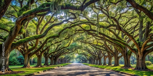 Majestic live oak trees with twisted limbs and Spanish moss stand tall amidst a serene and tranquil landscape photo