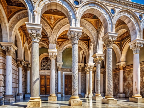 Majestic marble columns support ornate arches and intricately carved stone facades of a grand, historic building, photo