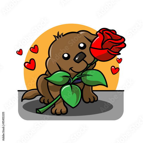 cartoon dog in love with a rose on his muzzle