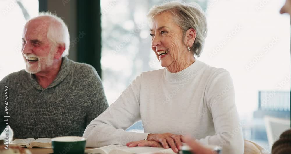 Happy, senior people and book club in nursing home for lesson, knowledge and education. Laugh, elderly group and bible study in common room for learning, history information and scripture reading