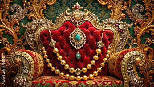 Indian vintage embroidery pattern border combined with rich luxurious velvet fabric and ornate antique jewelry on lavish opulent royal throne mood