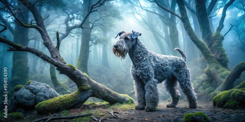 Serene misty dawn photographs of Kerry Blue Terrier mixes strolling through mystical foggy forests, surrounded by twisted ancient tree branches and eerie silence. photo