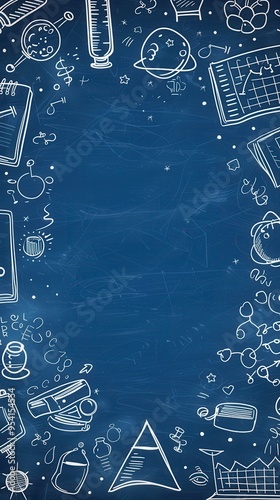Vertical Back to School illustration background with school themed doodles written on a blue chalkboard with copyspace in the center.