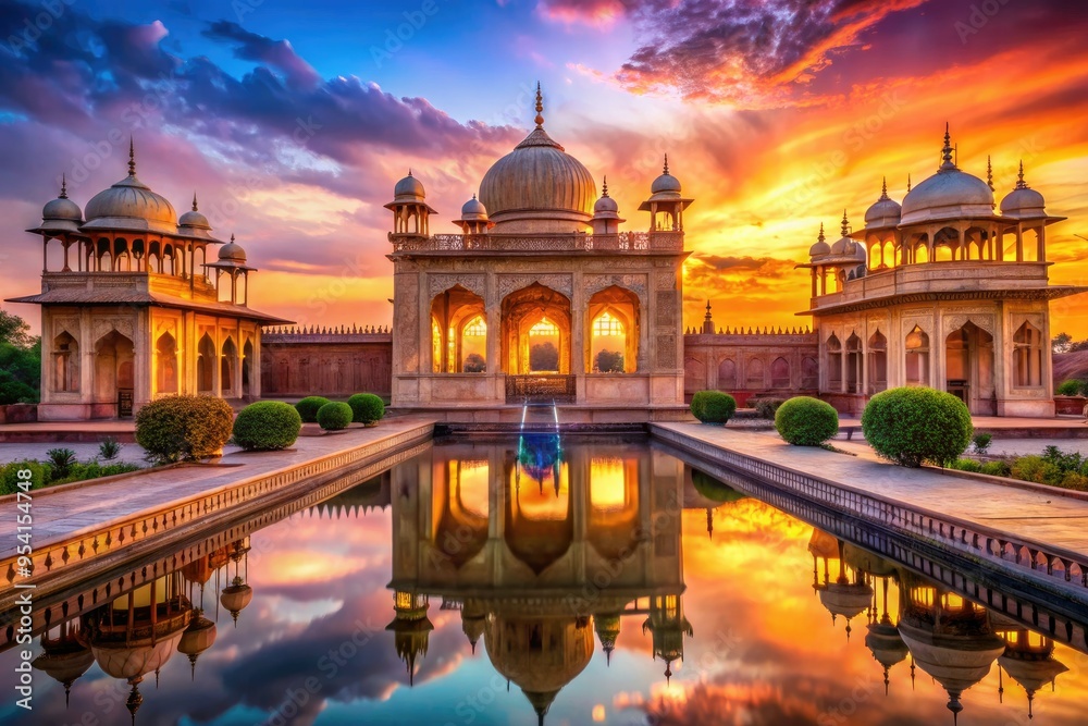 Fototapeta premium Regal Anarkali Splendor Rich Brocade Imperial Mughal Era Architecture Twilight Hues of Opulence