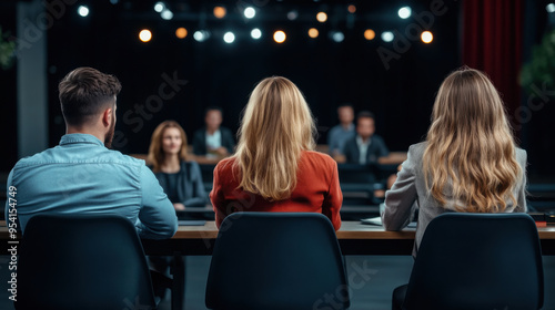 Back view of three judges sitting at a table, facing contestants on a stage in a dark auditorium, ready to evaluate performances. photo