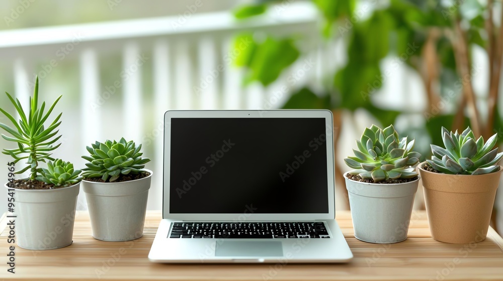 A modern laptop on a wooden table accompanied by potted succulents, creating a fresh and inviting workspace atmosphere.