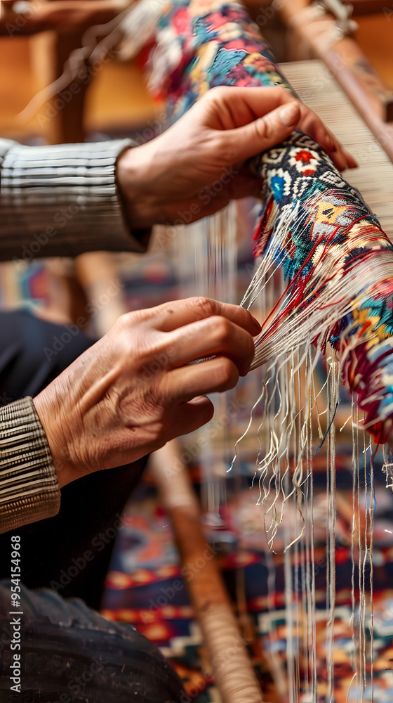 Obraz premium Young Woman's Hands Weaving on a Traditional Loom | Craftsmanship and Textile Art