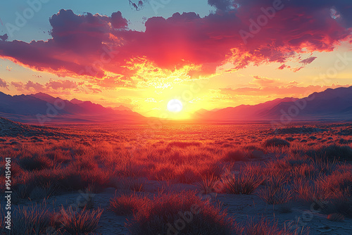 A vibrant sunset over a desert landscape with rich hues of orange and red, capturing the dramatic beauty of arid environments. Concept of desert landscapes and sunset views.
