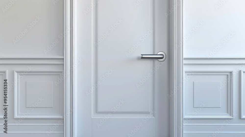 White door with chrome handle on white wainscoting wall. White door with chrome handle on white wainscoting wall.