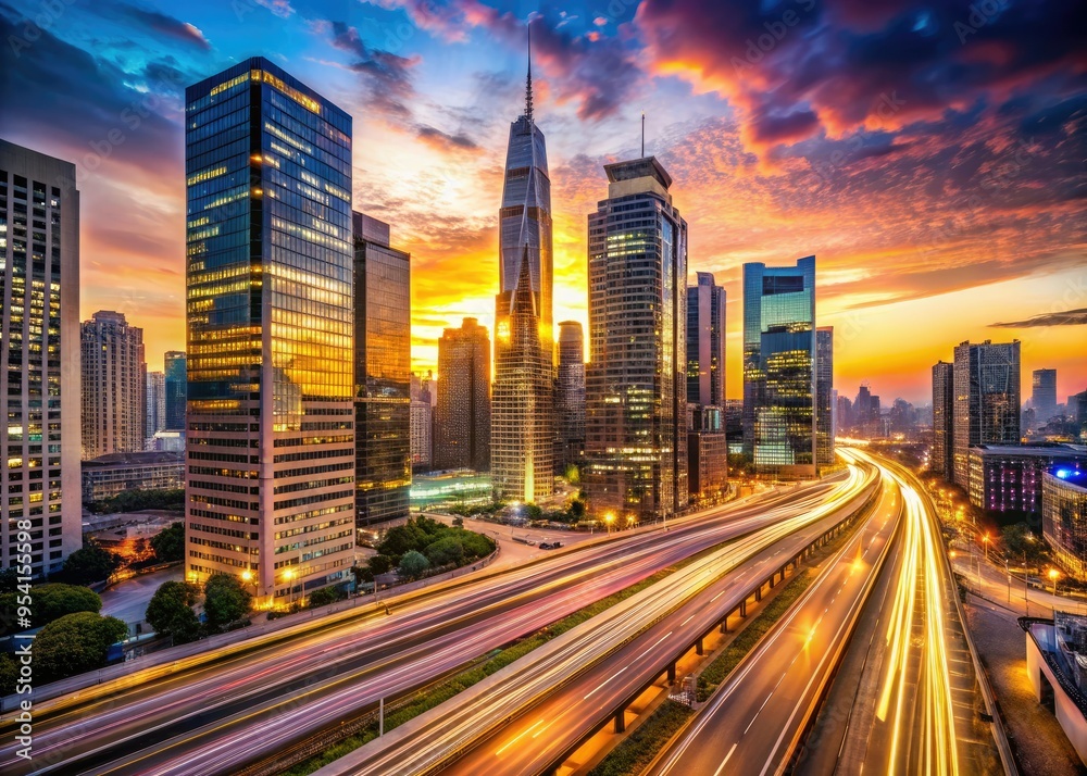 Fototapeta premium Vibrant Cityscape dawn light streaks across sleek metro architecture and bustling streets reflecting futuristic bank façades in warm golden tones of growth and prosperity.