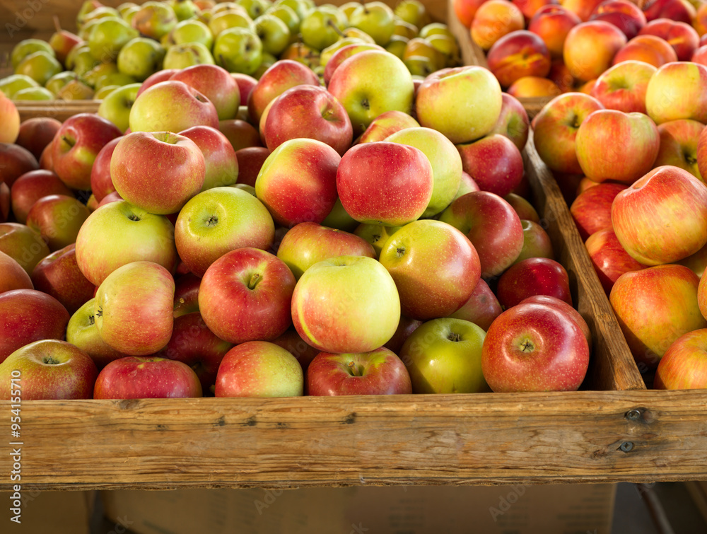 Autumn Crisp and Honey Crisp in wooden crates apples for sale at a local farmer's market Autumn Crisp and Honey Crisp in wooden crates apples for sale at a local farmer's market