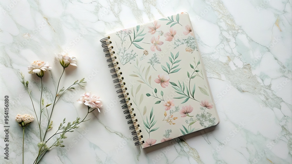Moody pastel hues and subtle shadows accentuate a minimalist spiral notebook template with a delicate floral pattern on a soft, white marble surface