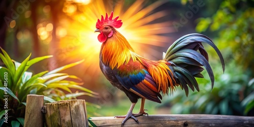 Majestic Serama rooster with vibrant plumage, proud posture, and distinctive crest, standing on rustic wooden perch photo