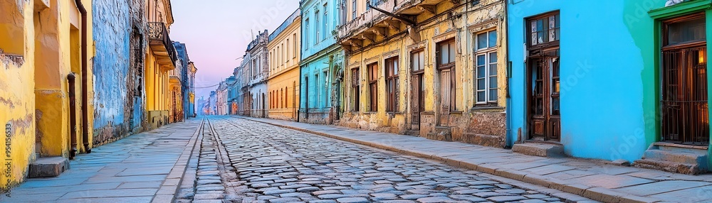 A city street at dawn, the rough pavement and old buildings textured by the soft morning light, in a muted, pastel color palette A city street at dawn, the rough pavement and old buildings textured by the soft morning light, in a muted, pastel color palette