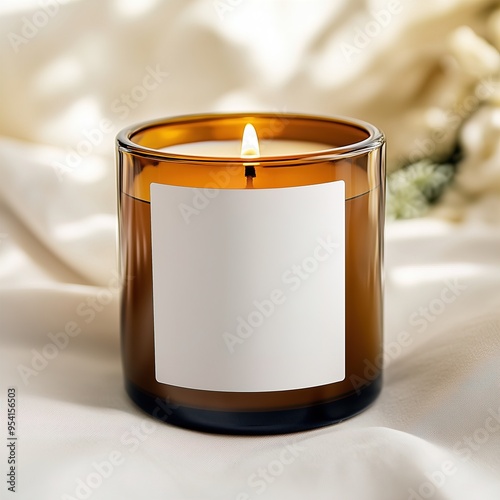 Amber glass candle jar mockup, cylindrical amber candle with blank label, candle burning, cozy sunny bright home interior decor