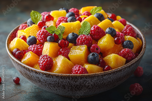 A colorful bowl of fresh fruit salad with a variety of tropical fruits and berries, reflecting the vibrant and healthy aspects of a fruit-based meal.