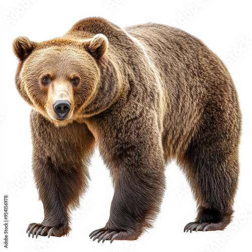 A large brown bear stands on a white background