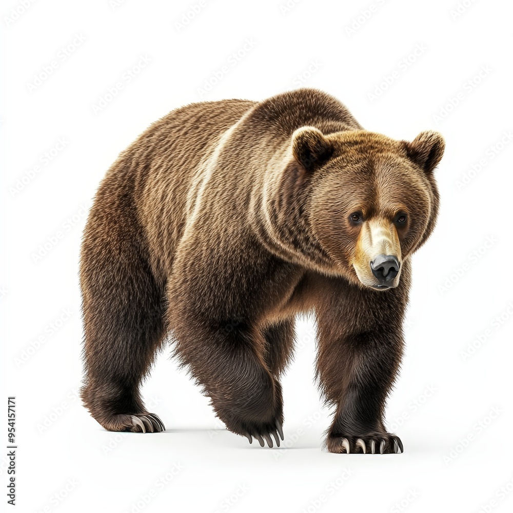 A large brown bear is walking across a white background A large brown bear is walking across a white background
