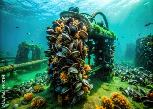 Stark invasive mussel clusters devouring vintage underwater machinery