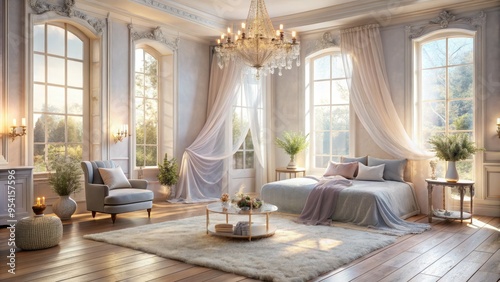 Ethereal airy haven featuring a plush area rug, flowing curtains, and delicate pastel hues in a soft romantic glow with subtle morning light.