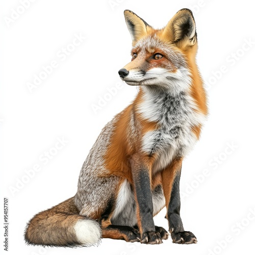 A fox is sitting on a white background