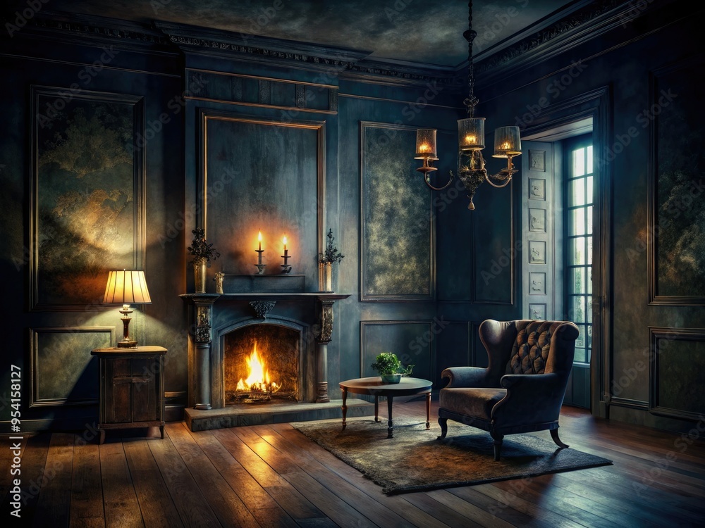 Moody and mysterious ambiance with dark walls, flickering gas fireplace ...