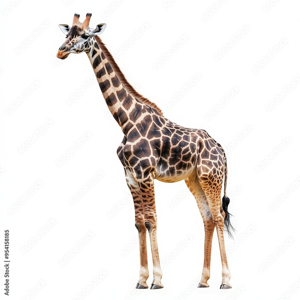 Fototapeta premium A giraffe stands tall on a white background