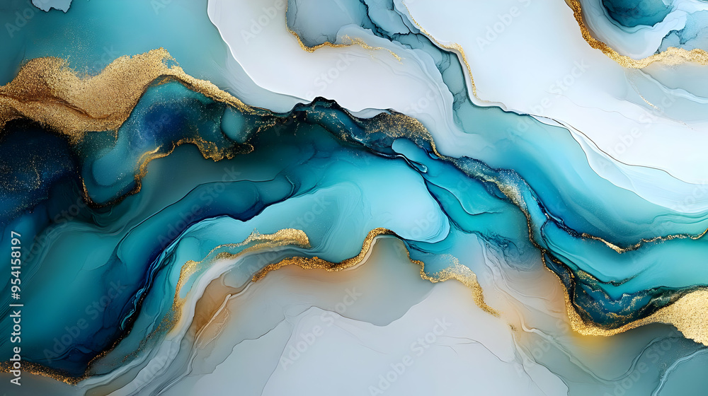 Abstract blue and gold ink painting with flowing lines and glitter. Abstract blue and gold ink painting with flowing lines and glitter.