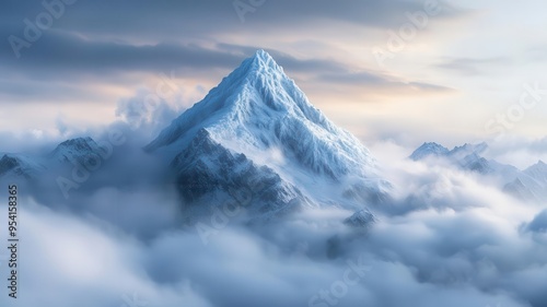 A majestic, snow-covered mountain peak rises through a dramatic cloudscape, creating a serene and awe-inspiring alpine scene bathed in soft light. photo