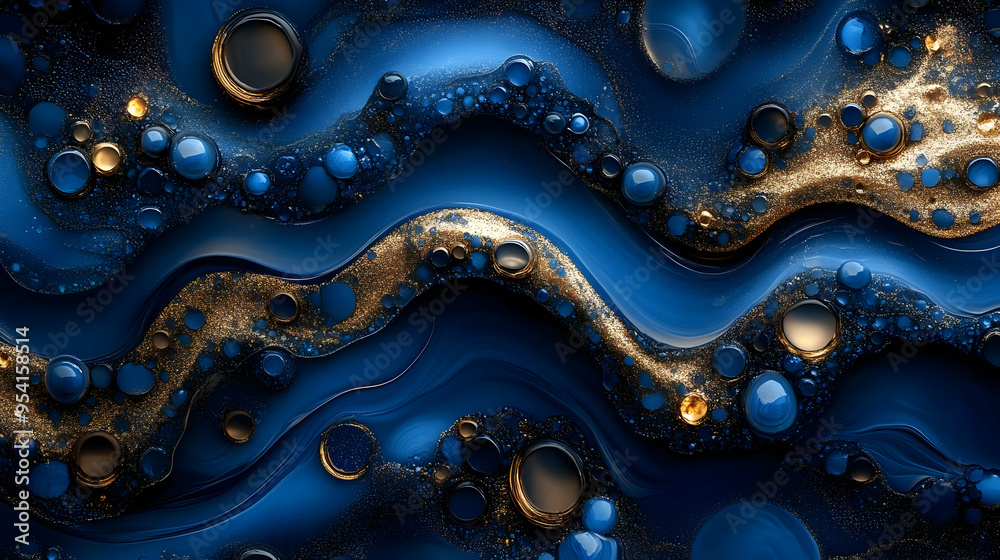 Abstract blue and gold liquid with bubbles.