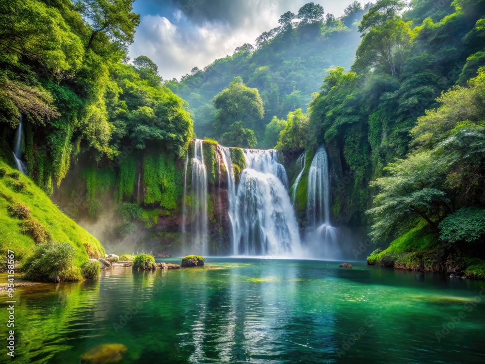 Fototapeta premium Majestic waterfall plunges into serene lake surrounded by lush greenery and misty atmosphere, creating a breathtakingly tranquil scene in nature's untouched paradise.