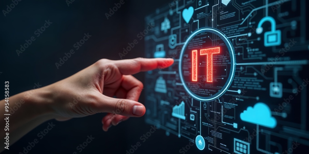 Interactive Technology Interface Depicting IT Concepts with a Hand Gesture for Modern Digital Solutions Interactive Technology Interface Depicting IT Concepts with a Hand Gesture for Modern Digital Solutions