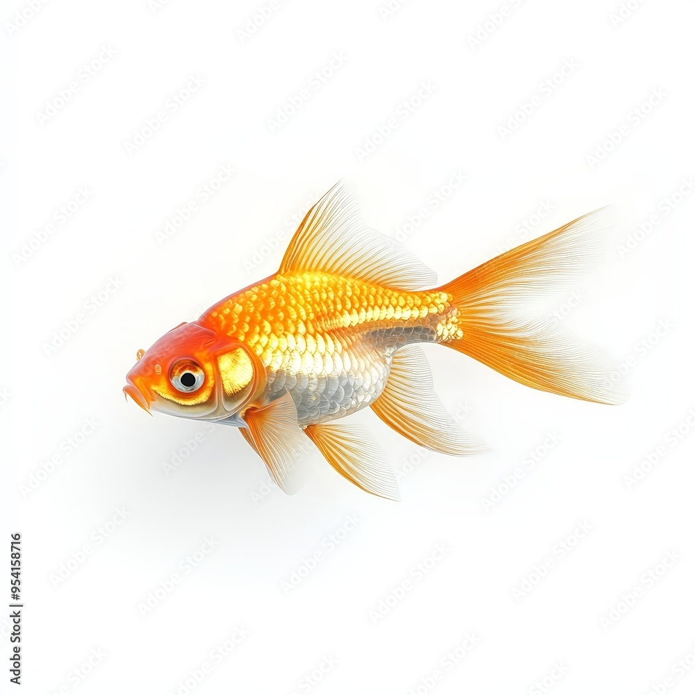 A gold and white fish swimming in a tank A gold and white fish swimming in a tank