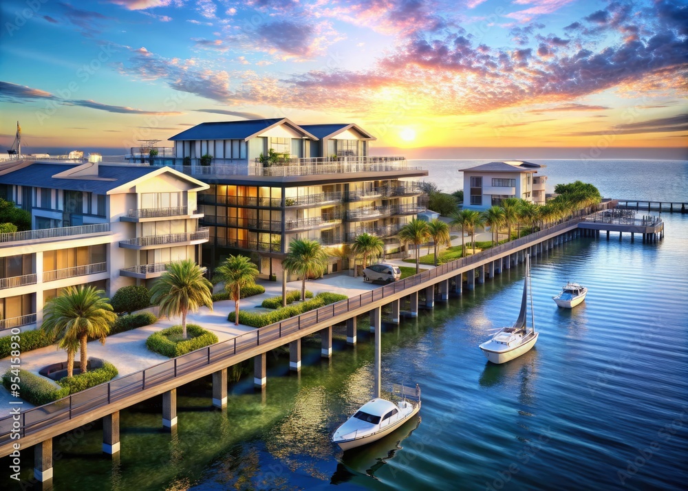 Fototapeta premium seaside construction harbor pier oceanfront luxury apartments residential development coastal living modern architecture seaside resort vibrant